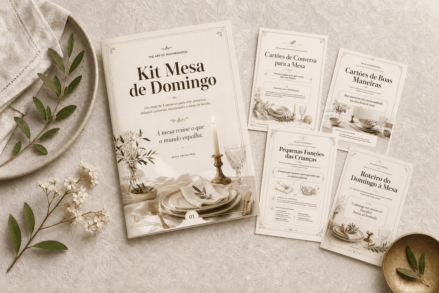 Guia principal e materiais imprimíveis do Kit Mesa de Domingo organizados sobre linho.